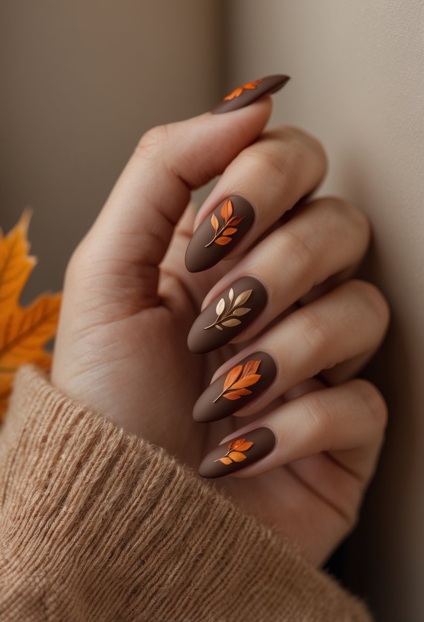 Close-up of a hand with brown nails decorated with autumn leaf designs.
