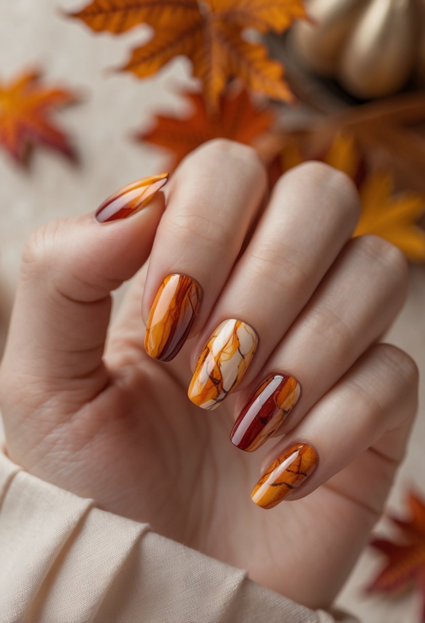 Close-up of a hand with nails painted in autumn-colored marble patterns, set against a soft background with fall elements.