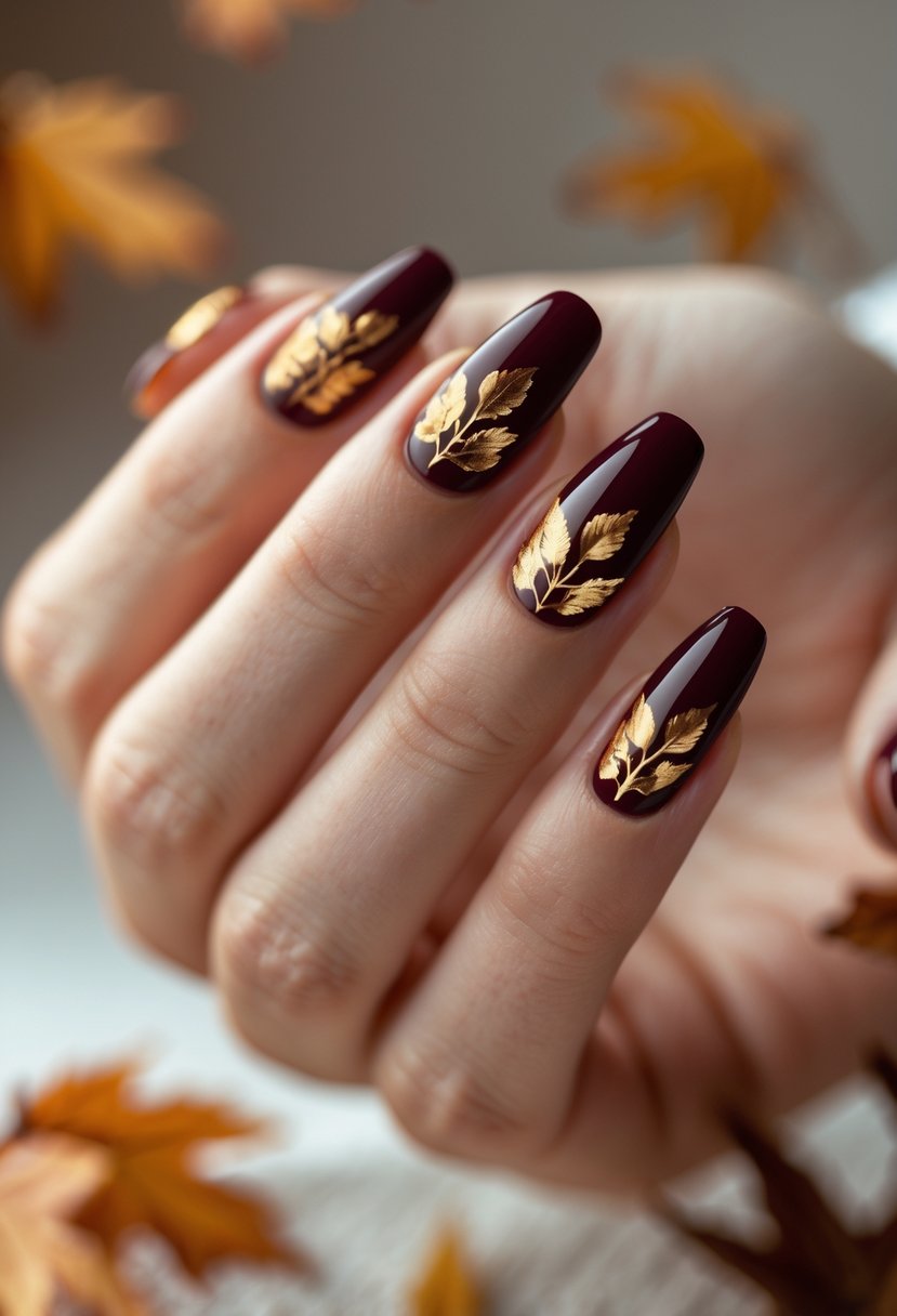 Close-up of a hand with burgundy nails decorated with gold leaf accents.