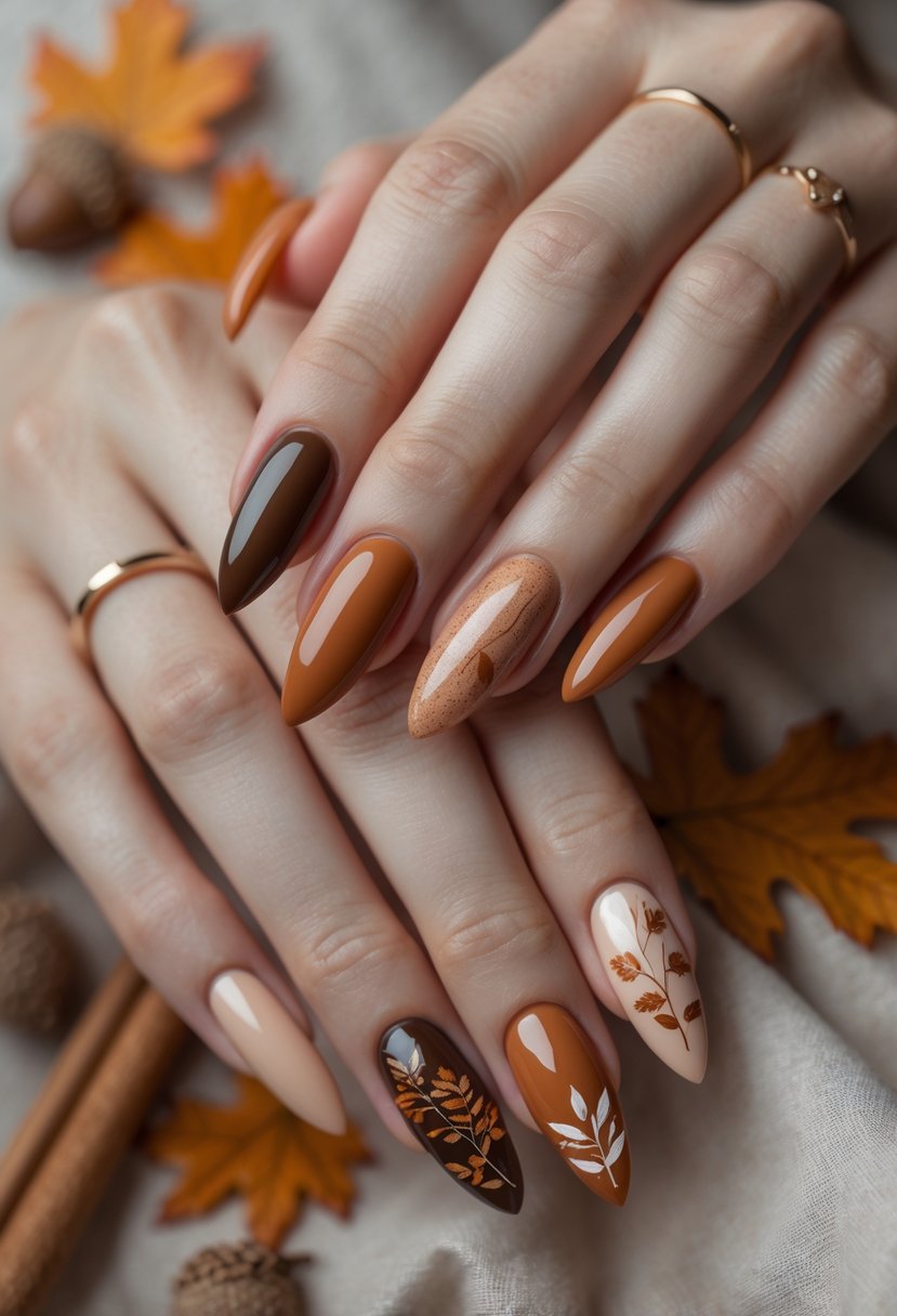 Close-up of hands with almond-shaped nails painted in warm caramel colors with fall-themed designs.
