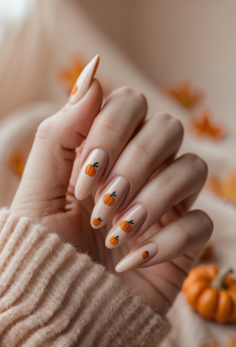 Close-up of a hand with beige nails decorated with small pumpkin designs.