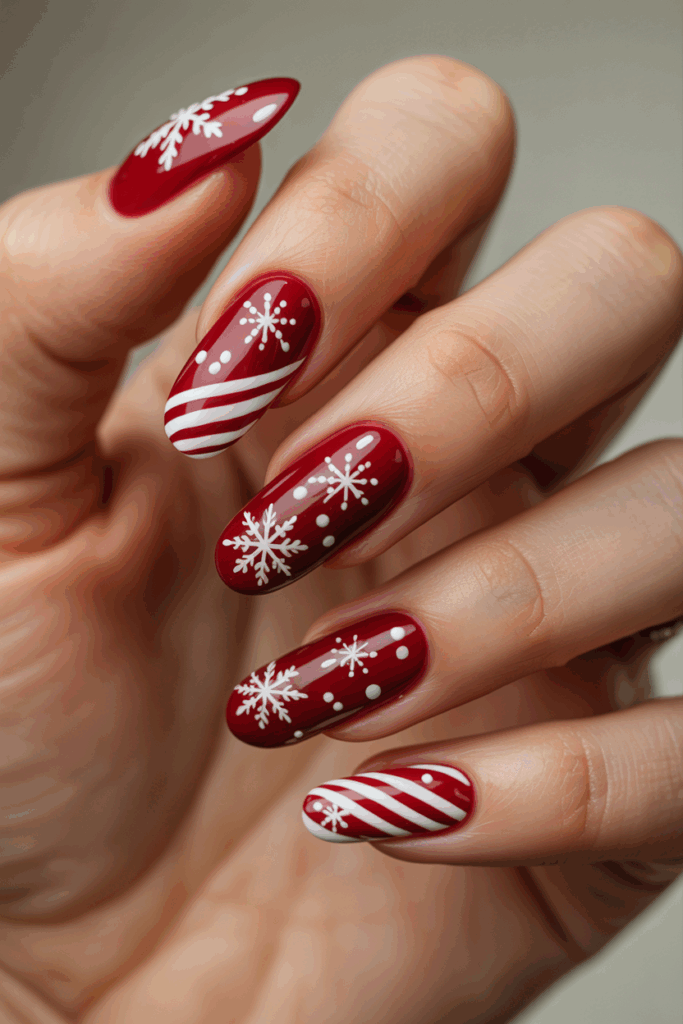 Candy cane stripe accent Christmas nails