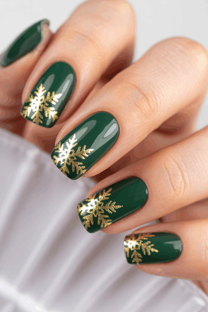 Emerald green and gold foil Christmas nails