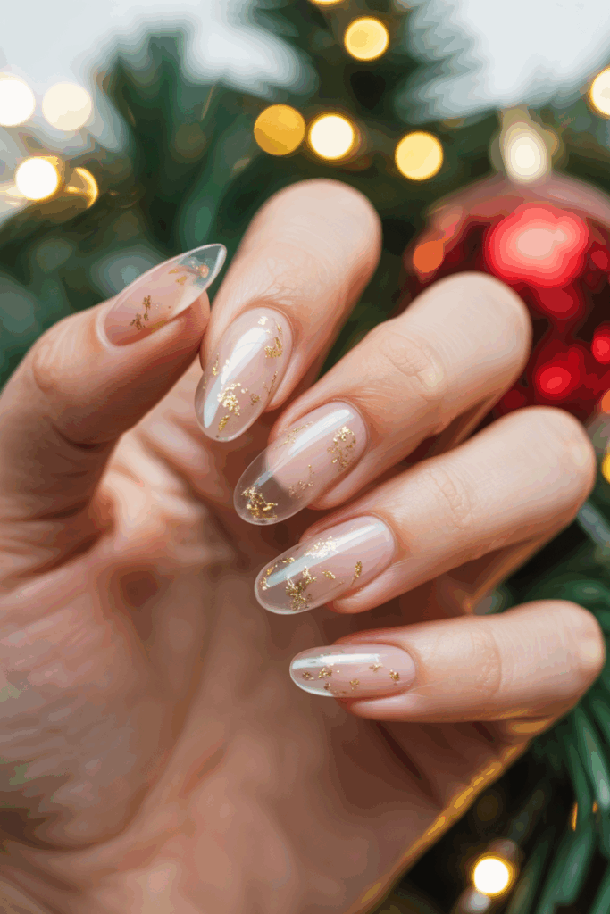 Clear Christmas nails with gold foil flakes