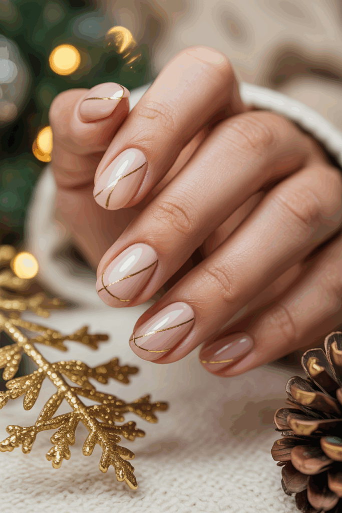 Nude Christmas nails with gold line accents
