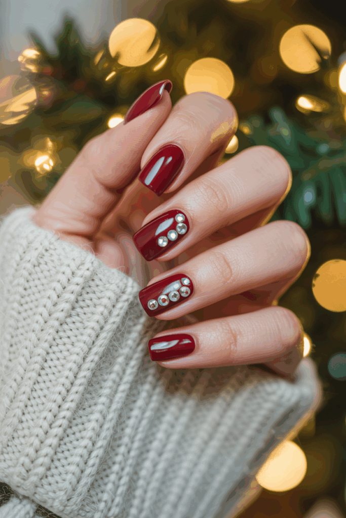 Burgundy Christmas nails with small rhinestones