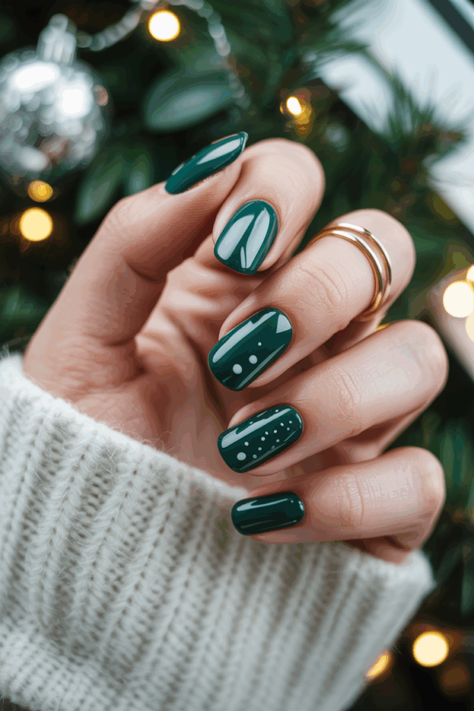 Dark green glossy Christmas nails with gold dots
