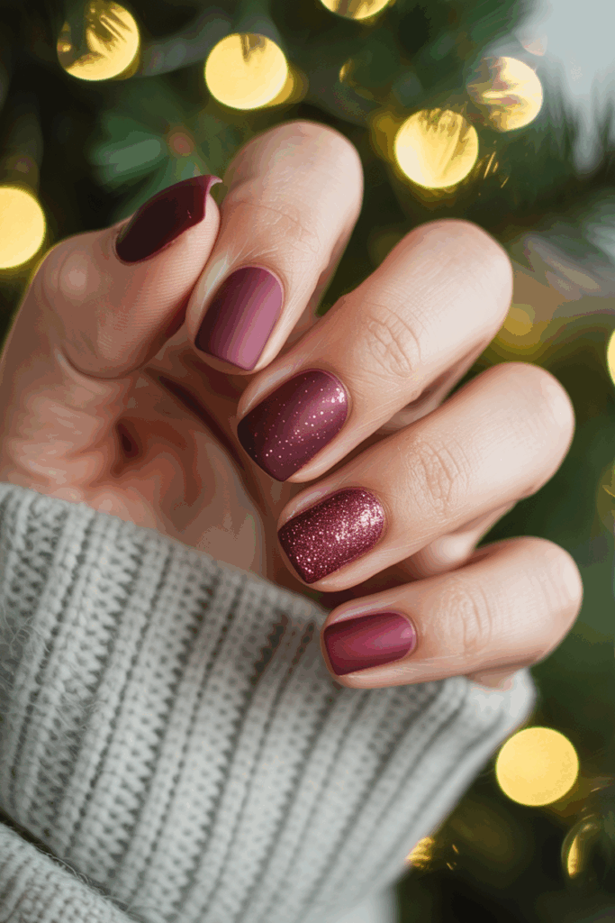 Matte burgundy Christmas nails with subtle glitter