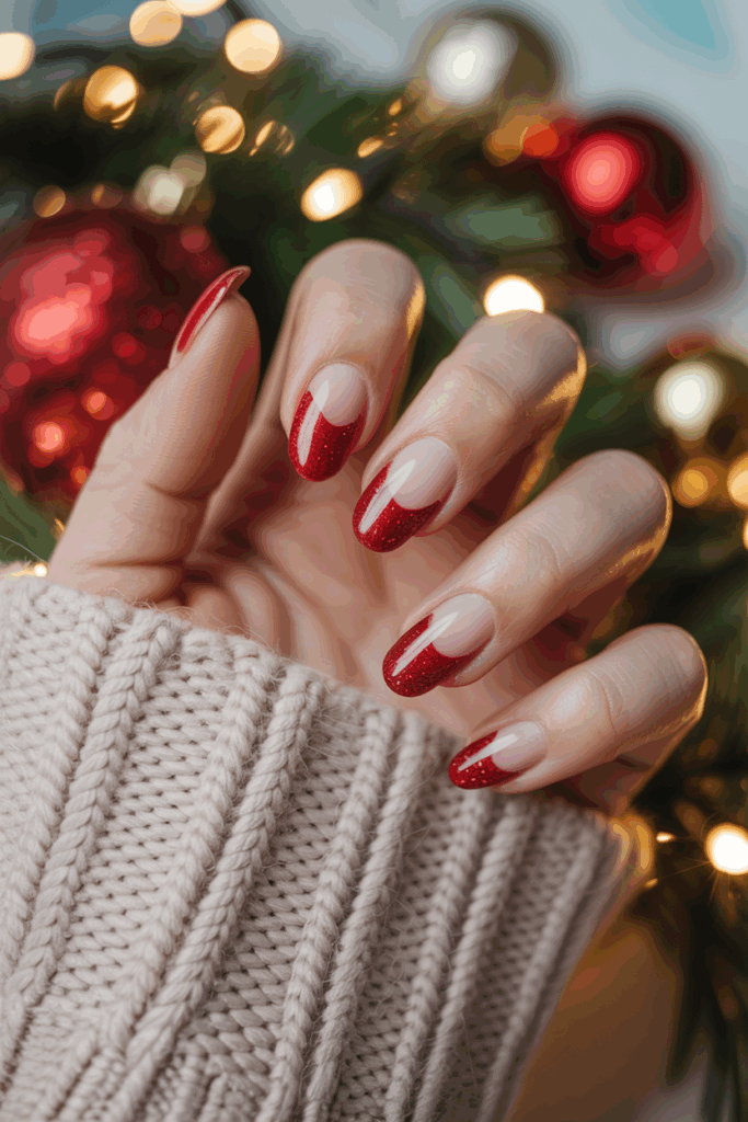 Red sparkle tips on nude Christmas nails