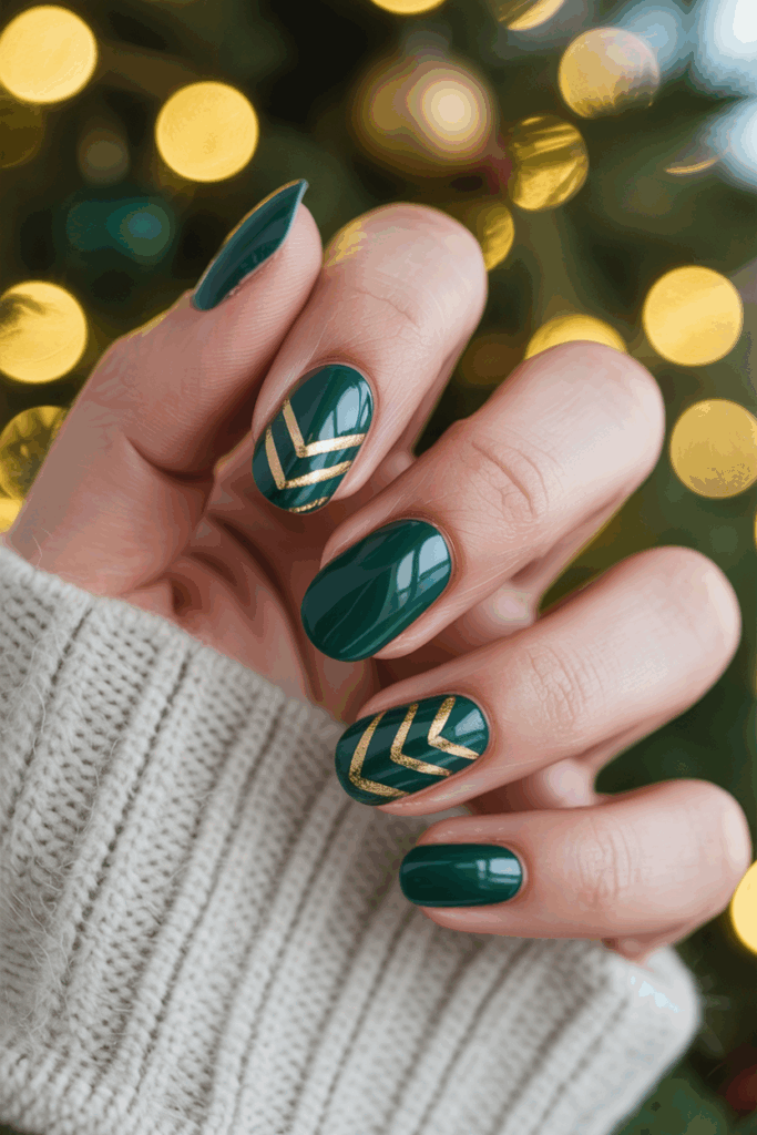 Emerald Christmas nails with gold chevron pattern