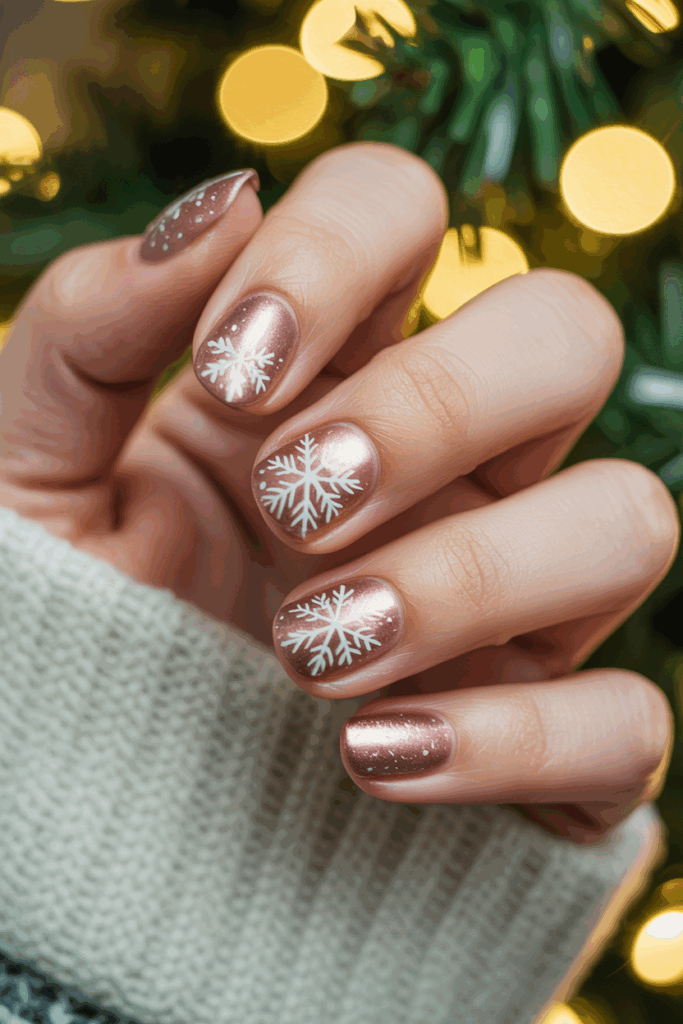 Rose gold shimmering Christmas nails with snowflake art