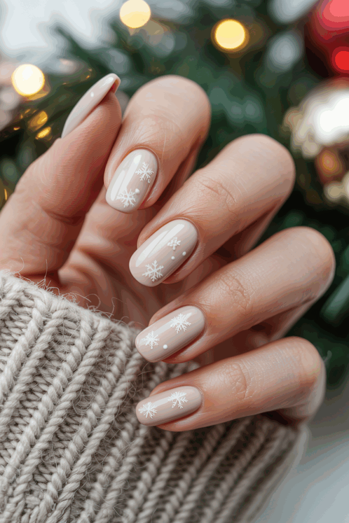 Soft beige Christmas nails with tiny snowflakes