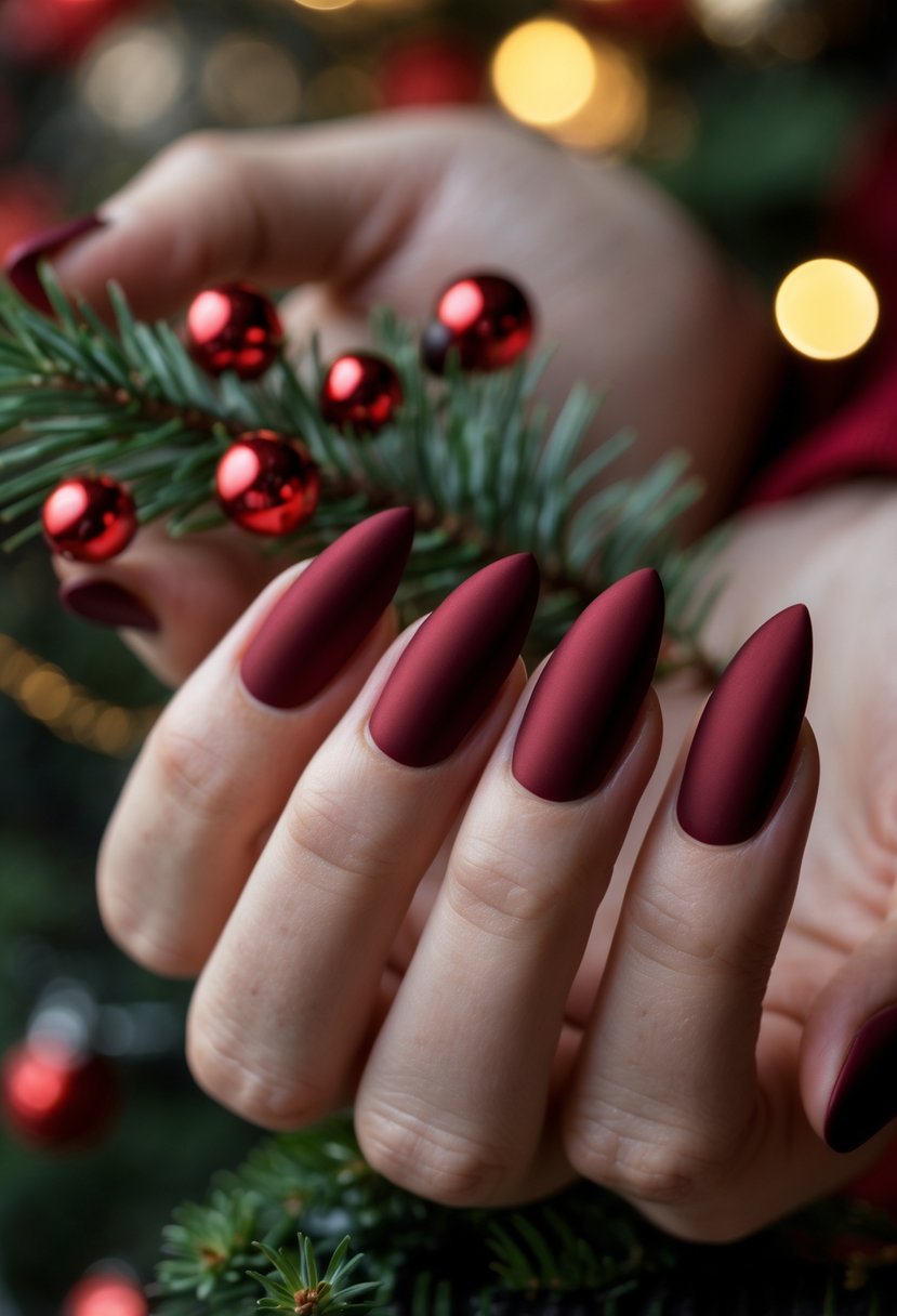 Close-up of hands with red velvet almond-shaped nails holding a small festive decoration.