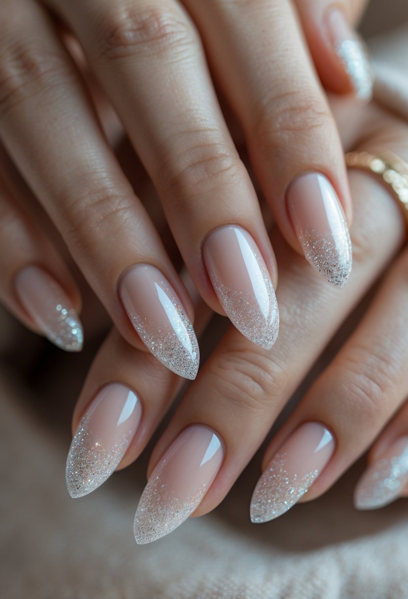 Close-up of hands with almond-shaped nails featuring frosted glitter tips.