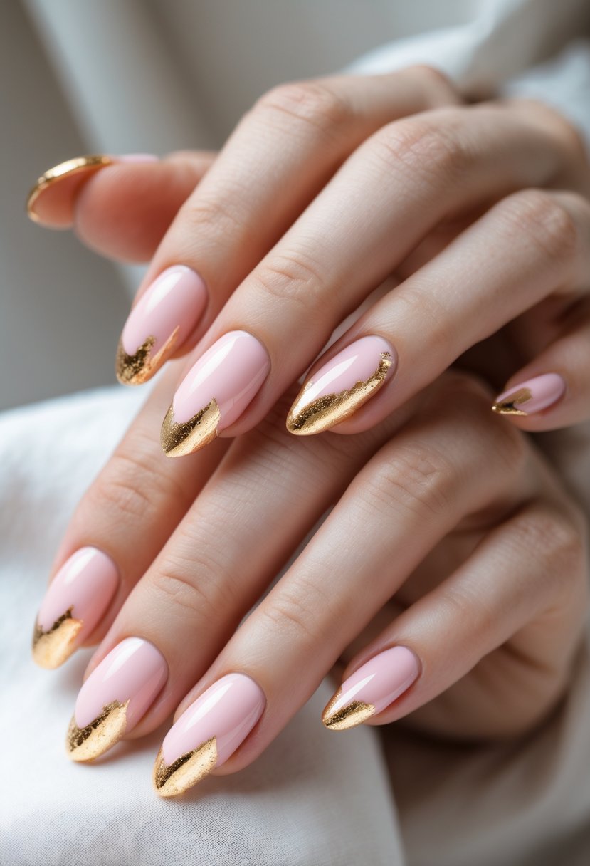 Close-up of hands with soft pink almond-shaped nails decorated with gold foil accents.