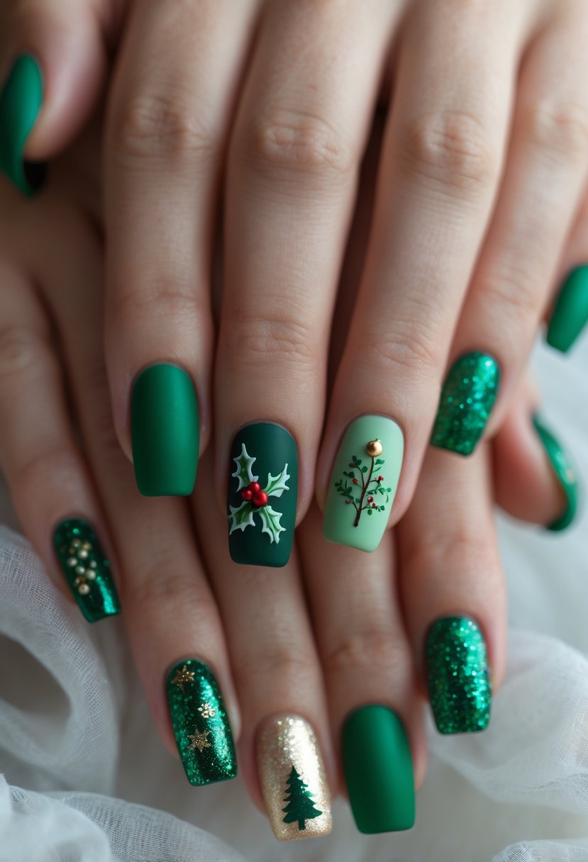 Close-up of hands showing 18 different green-themed nail designs with festive patterns and various shades of green.