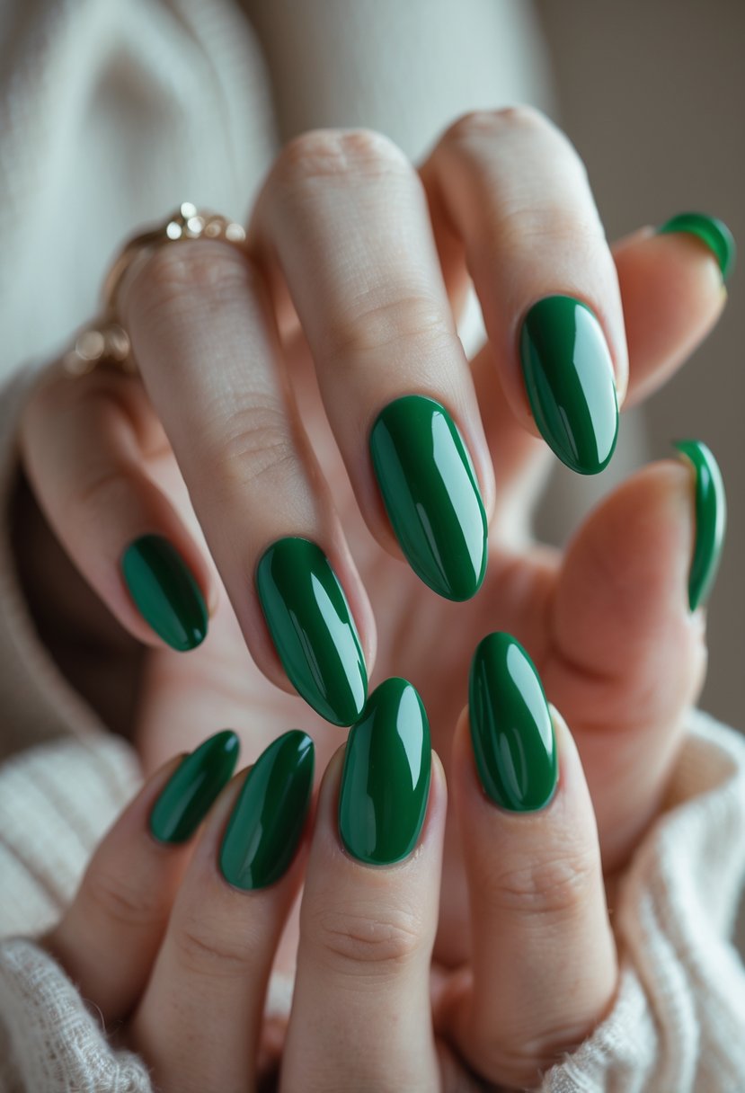 Close-up of hands with glossy emerald green manicured nails.