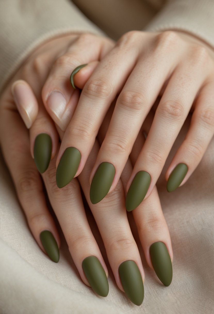 Close-up of hands with olive green painted nails against a neutral background.