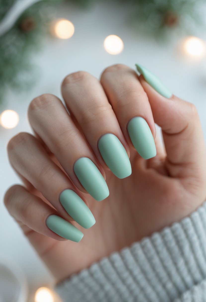 Close-up of hands with matte mint green nails against a blurred winter-themed background.