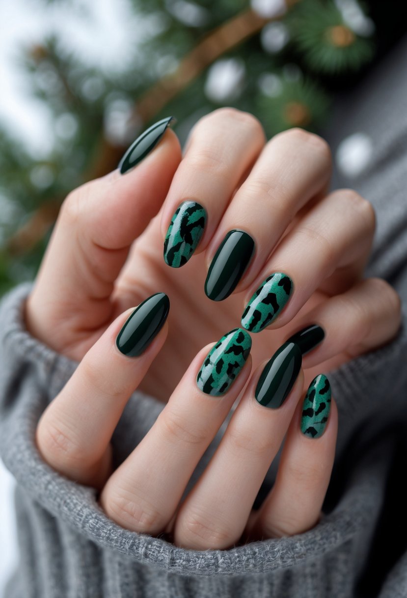 Close-up of hands with dark green nails featuring animal print accents.