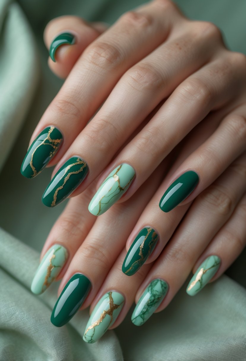 Close-up of hands with green marble patterned nails in various shades of green.