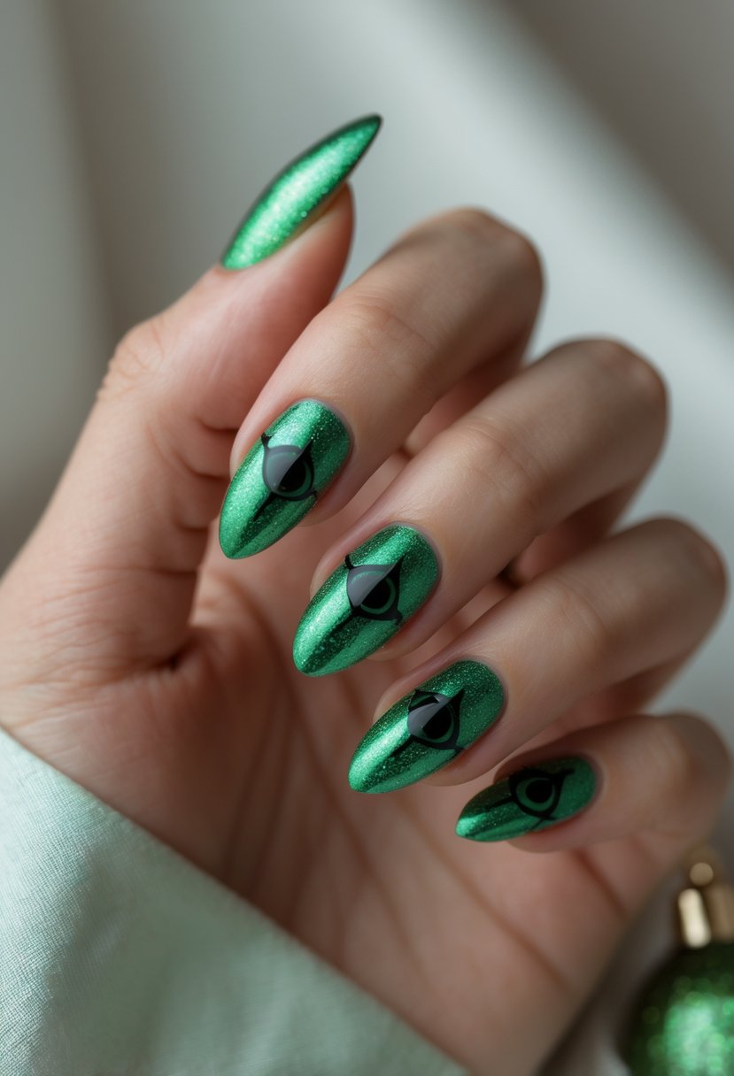 Close-up of a hand with metallic green cat eye effect nails against a neutral background.