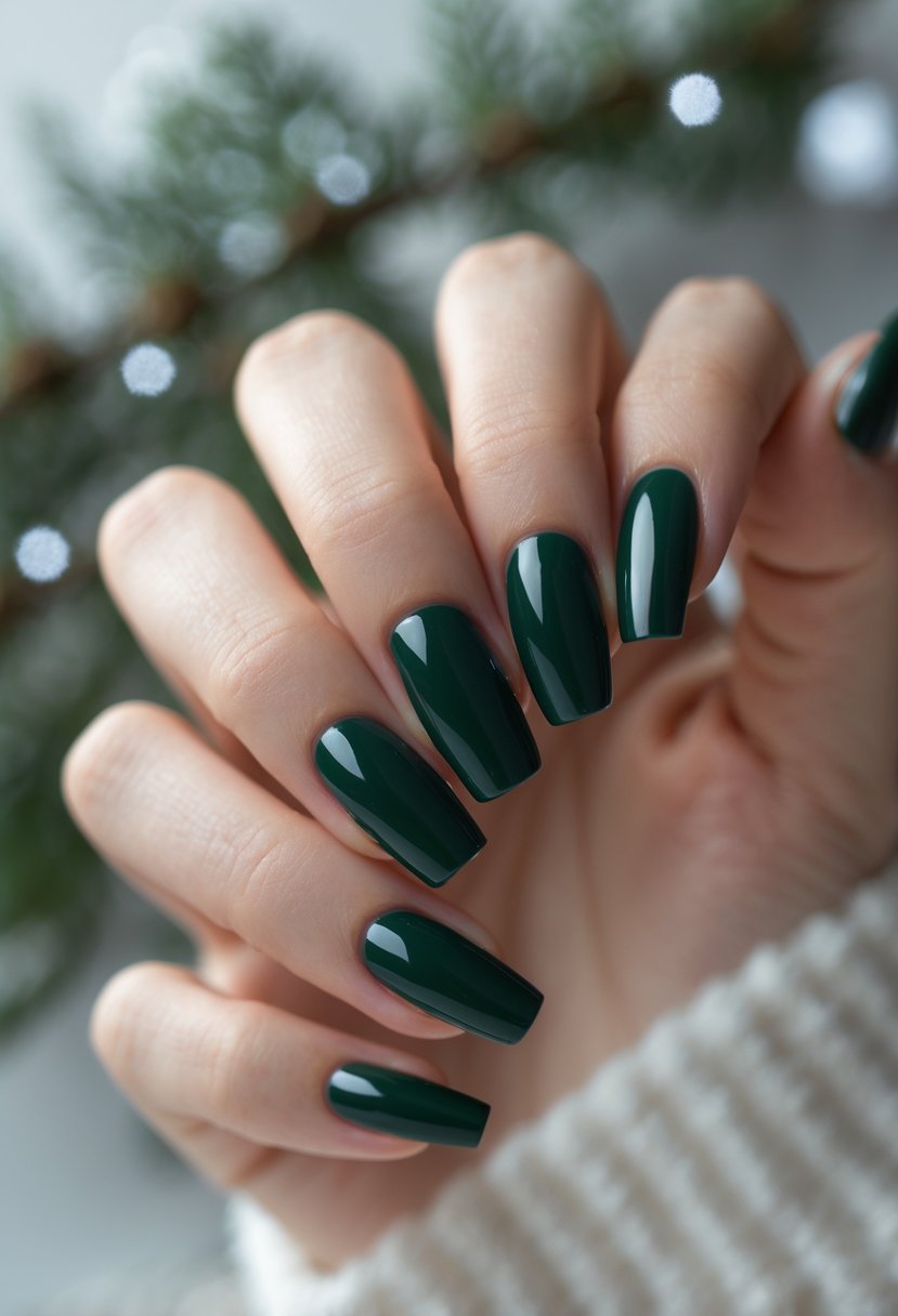 Close-up of hands with deep green glossy nails against a soft background with winter elements.