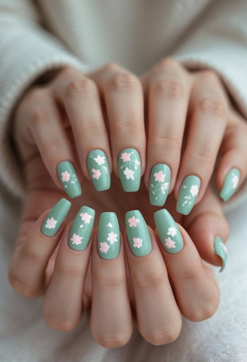 Close-up of hands with pastel green nails decorated with white and pink floral designs.