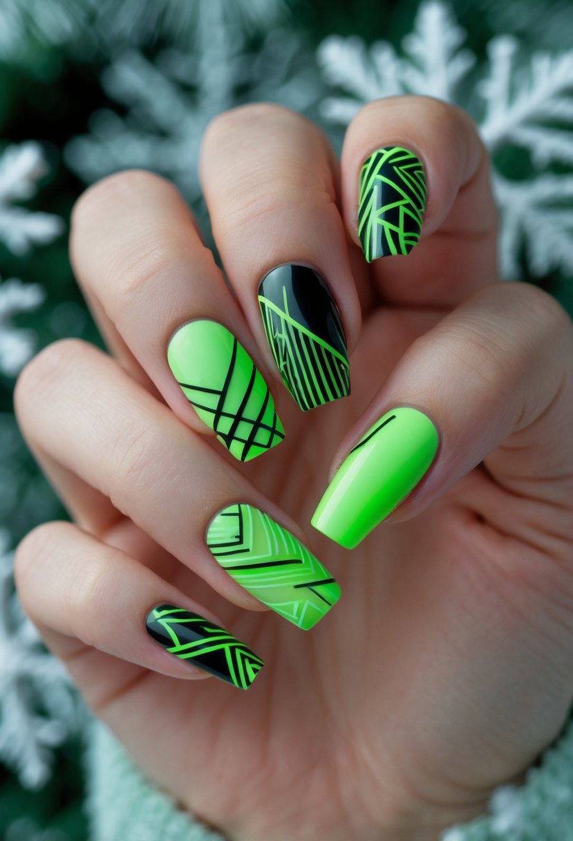 Close-up of hands with neon green geometric patterned nails against a softly blurred winter-themed background.