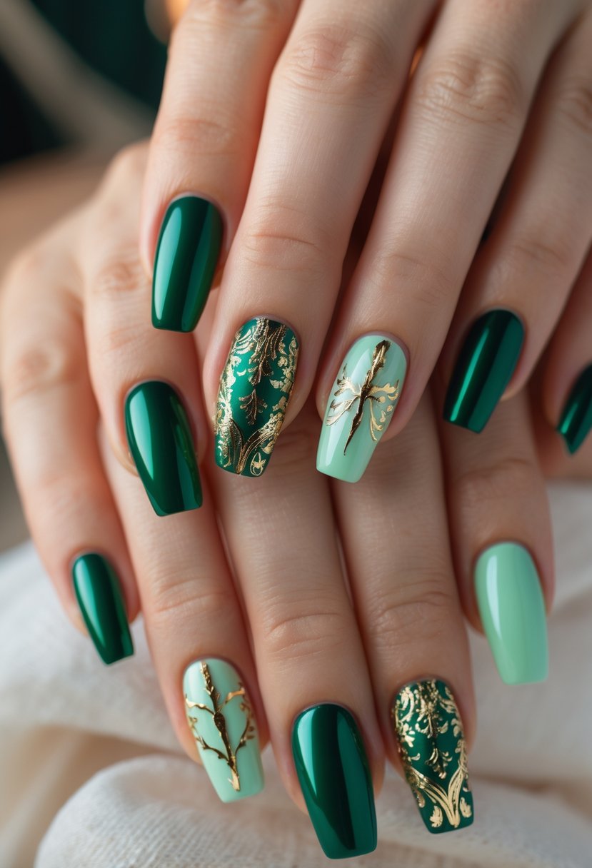 Close-up of hands displaying green and gold foil decorated nails with various designs.