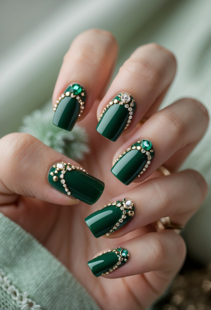 A hand with jade green nails decorated with rhinestones against a neutral background.