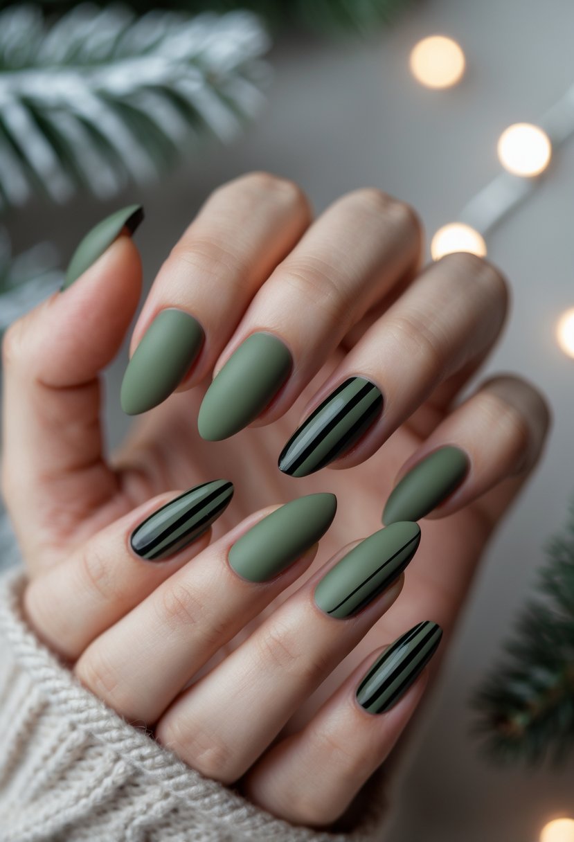 Close-up of hands with matte olive green nails featuring black stripes, posed against a soft neutral background with subtle winter elements.