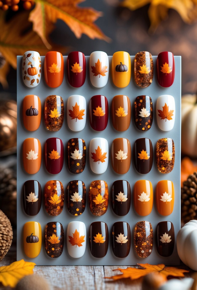 A display of 21 nails with various Thanksgiving and fall-themed designs featuring autumn colors and seasonal motifs.