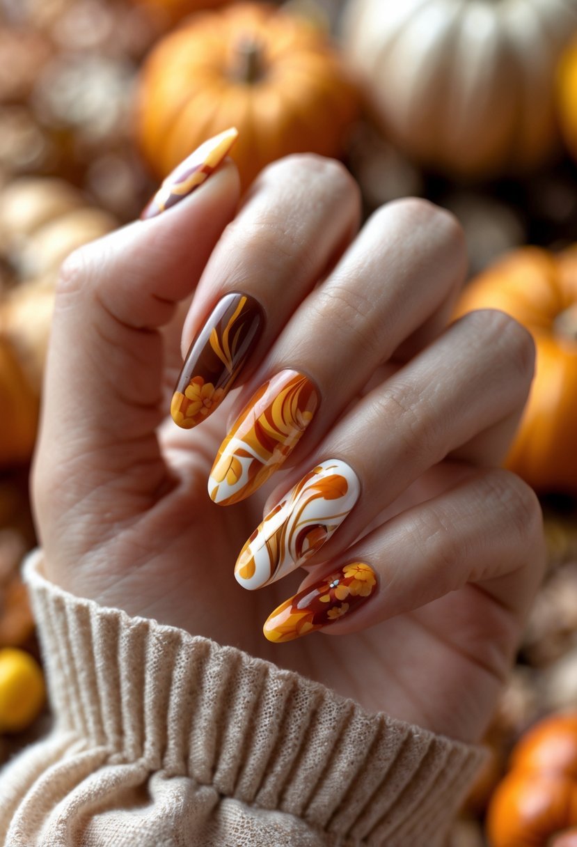 Close-up of a hand with colorful fall-themed nail designs featuring abstract swirls in autumn colors.