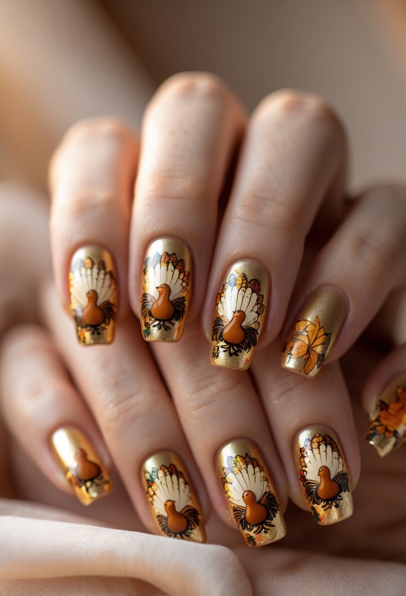 Close-up of a hand with metallic gold acrylic Thanksgiving turkey-themed nails.