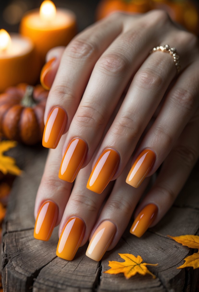 Close-up of a hand with orange ombre acrylic nails resting on a wooden surface with small pumpkins and fall leaves.
