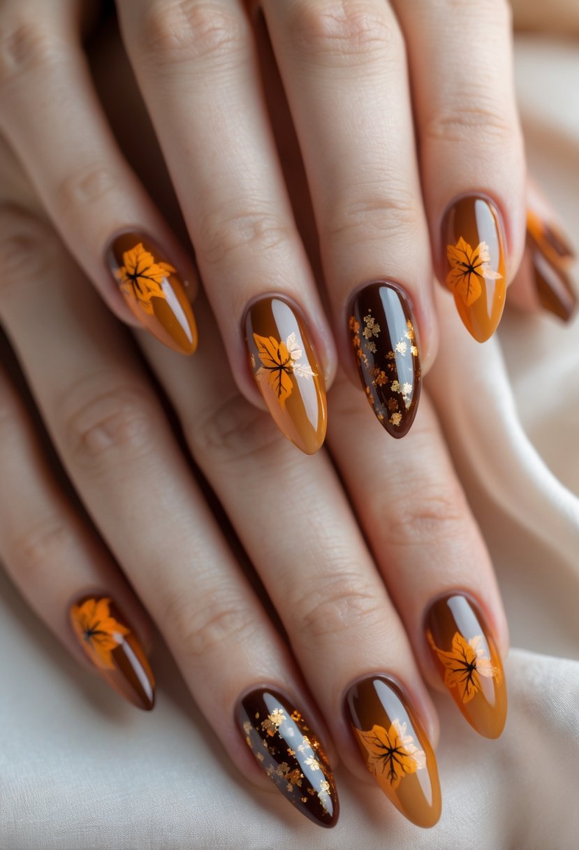 Close-up of hands with short almond-shaped glossy acrylic nails decorated with autumn-themed designs.
