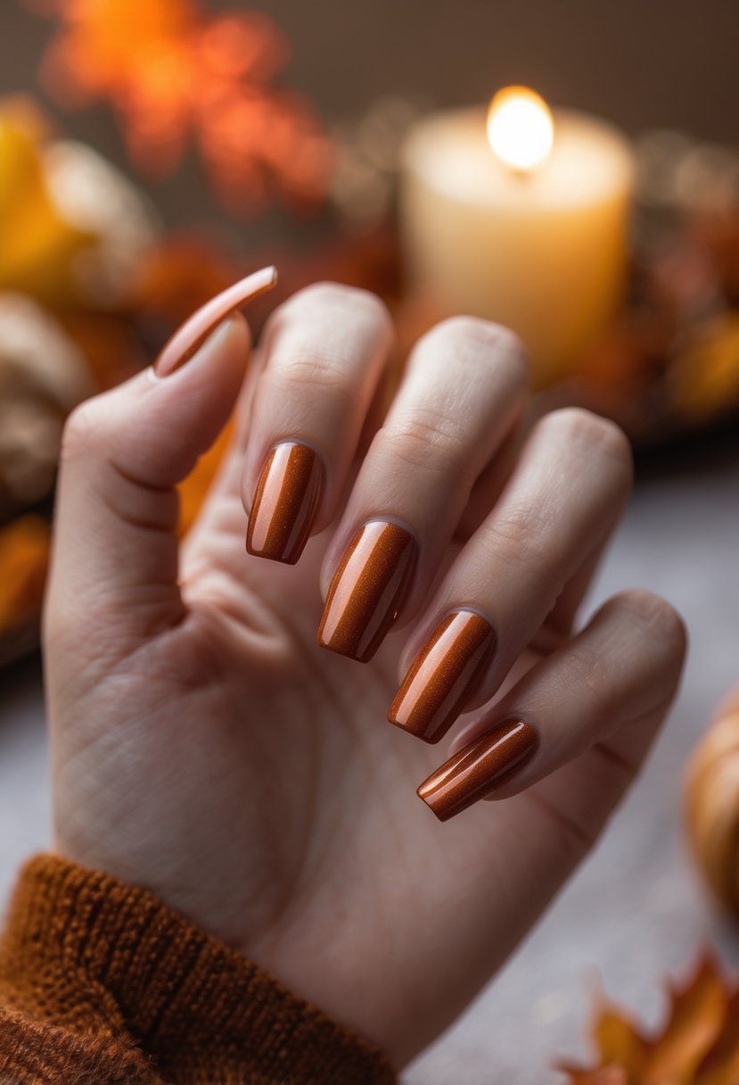 Close-up of a hand with 18 shimmery rust-colored acrylic nails against a warm autumn background.