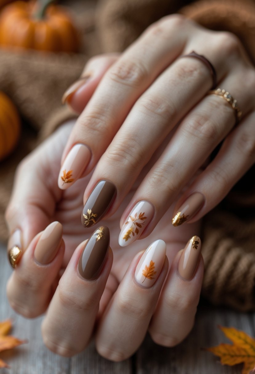 Close-up of hands with neutral fall-colored acrylic nails featuring autumn-themed designs on a rustic wooden surface.