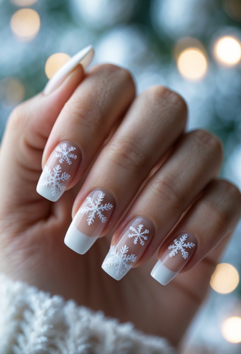 Close-up of a hand with square-shaped nails painted with white French tips and decorated with snowflake designs.