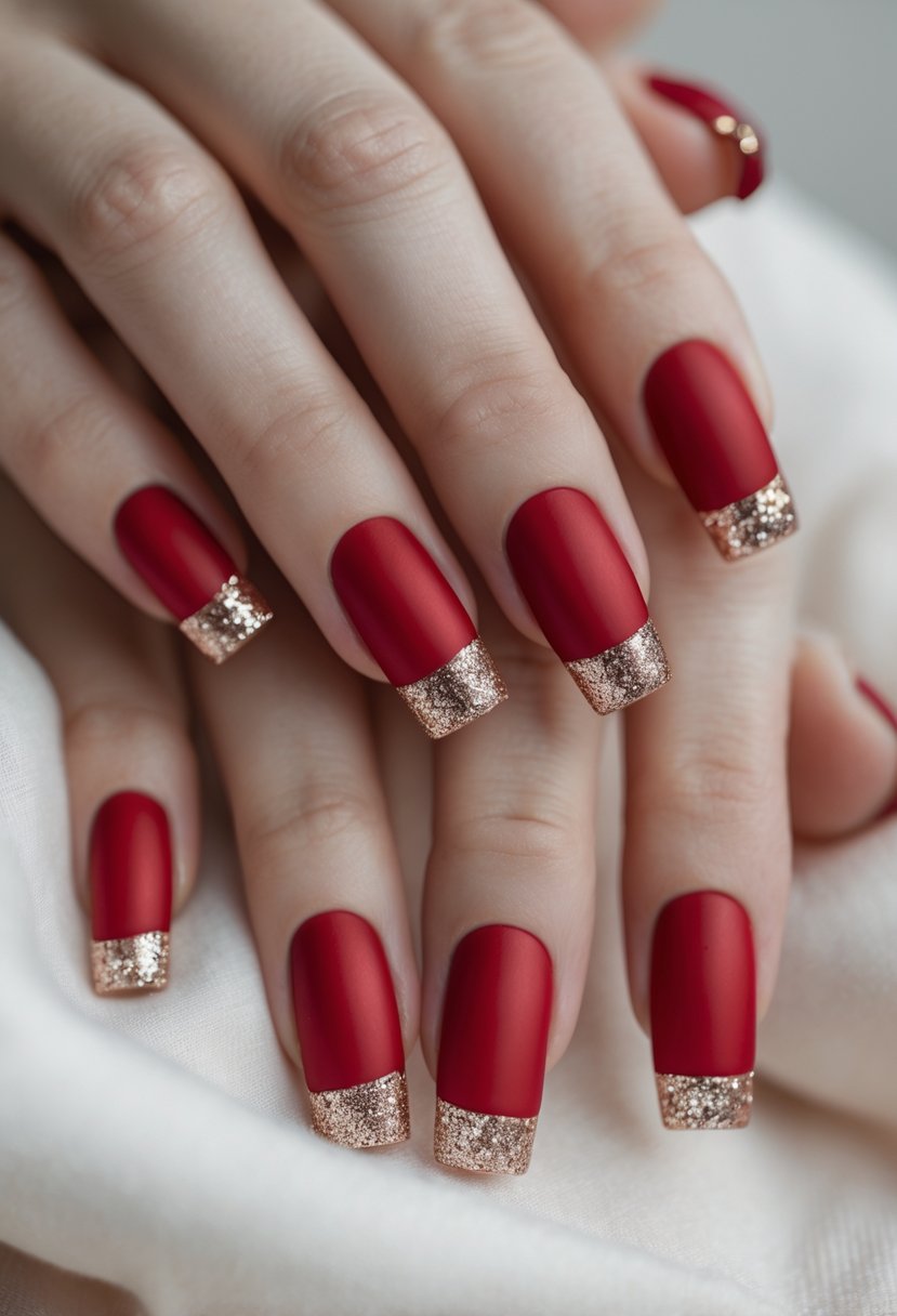 Close-up of hands with square-shaped matte red nails featuring glittery tips.