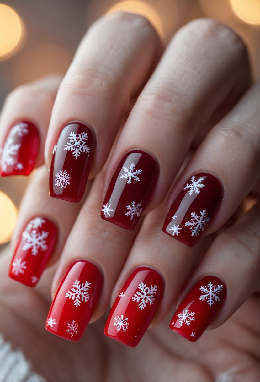 Close-up of a hand with square-shaped red ombre nails decorated with white snowflakes.