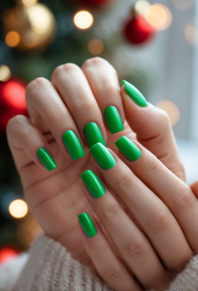Close-up of hands with short square-shaped nails painted festive green against a blurred Christmas-themed background.