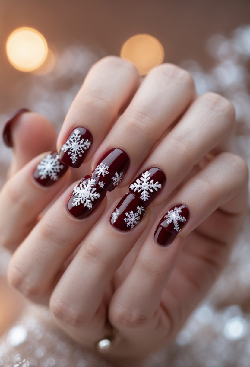Close-up of a hand with square-shaped nails painted red and decorated with silver snowflake designs.