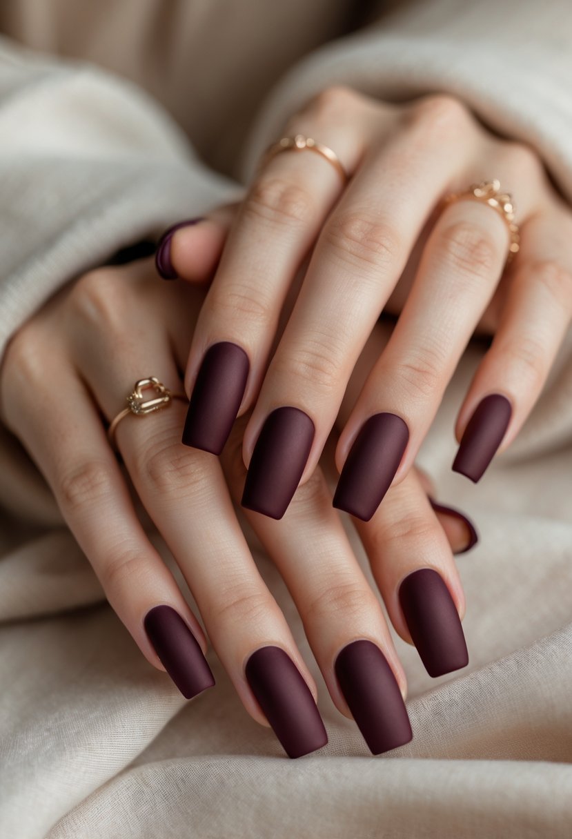 Close-up of hands with deep burgundy square-shaped nails with a matte finish.