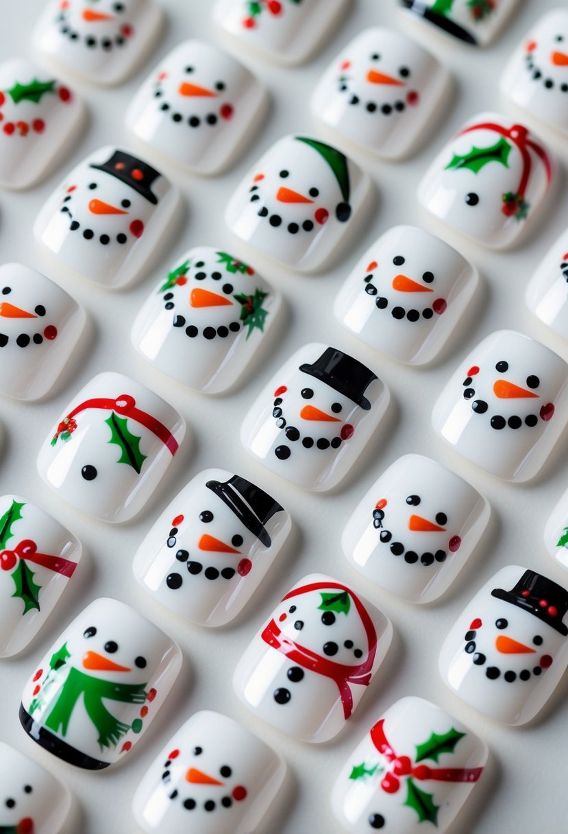 A set of 21 square-shaped artificial nails with glossy snowman and Christmas-themed designs on a white background.