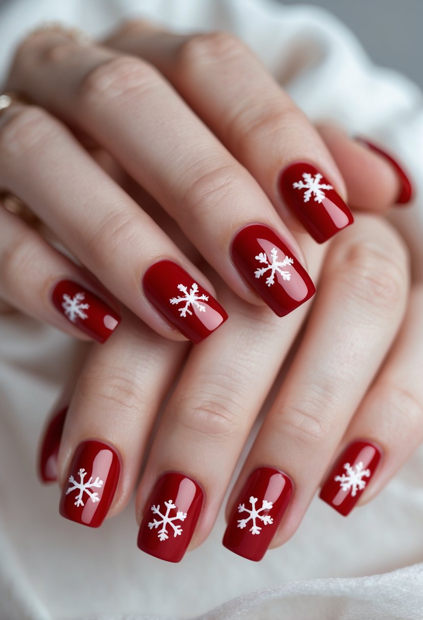 Close-up of hands with short red square nails decorated with white snowflake designs.