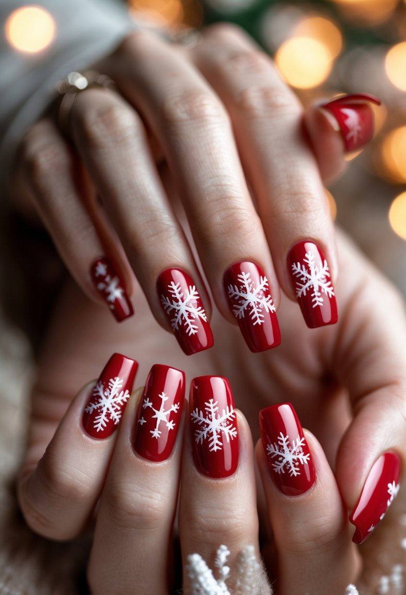 Close-up of hands with square-shaped red nails decorated with white snowflake and star patterns.