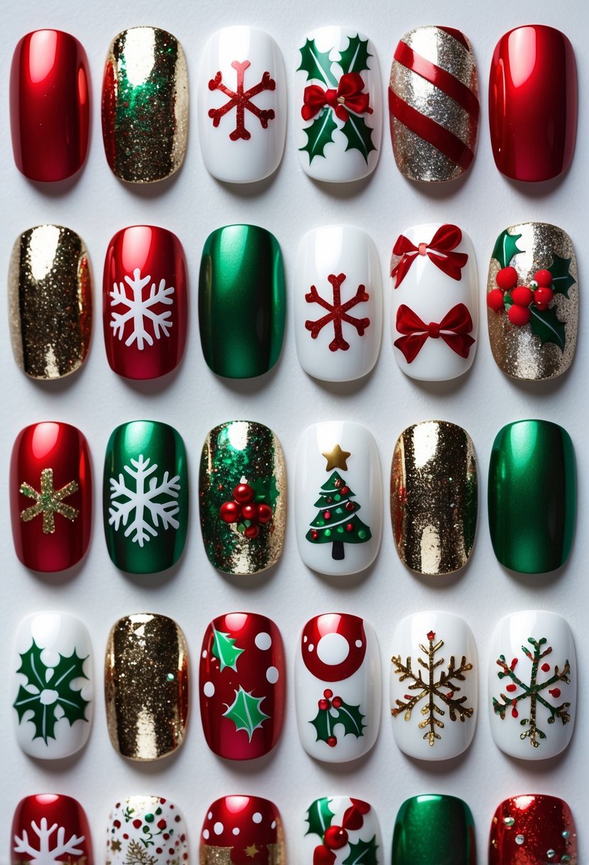 Eighteen different Christmas-themed nail designs displayed on a white background.