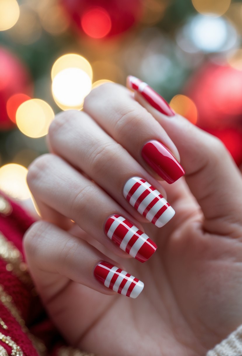 Close-up of a hand with red and white striped nails resembling candy canes.